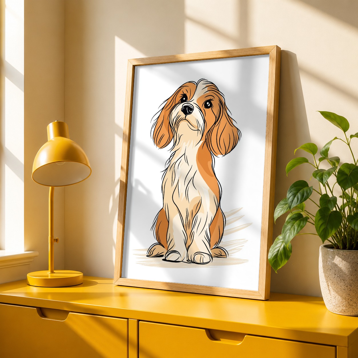 Cavapoo wall art in a mustard entryway mock-up