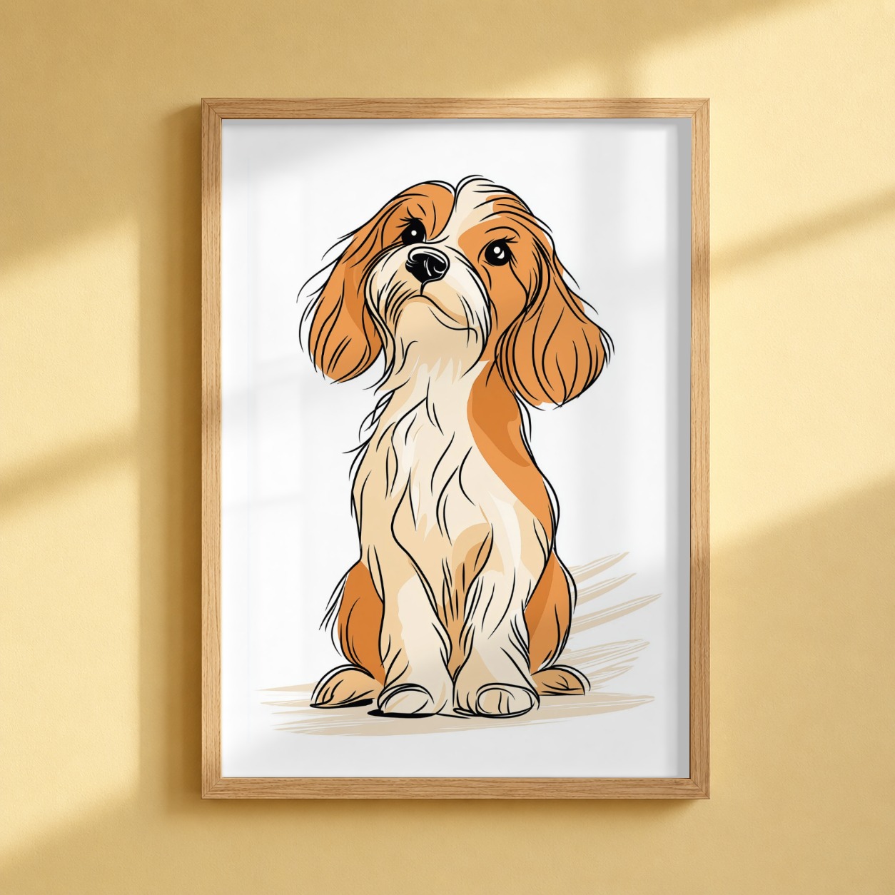 Example of an oak-framed Cavapoo print with the artwork clearly visible against a yellow hallway wall
