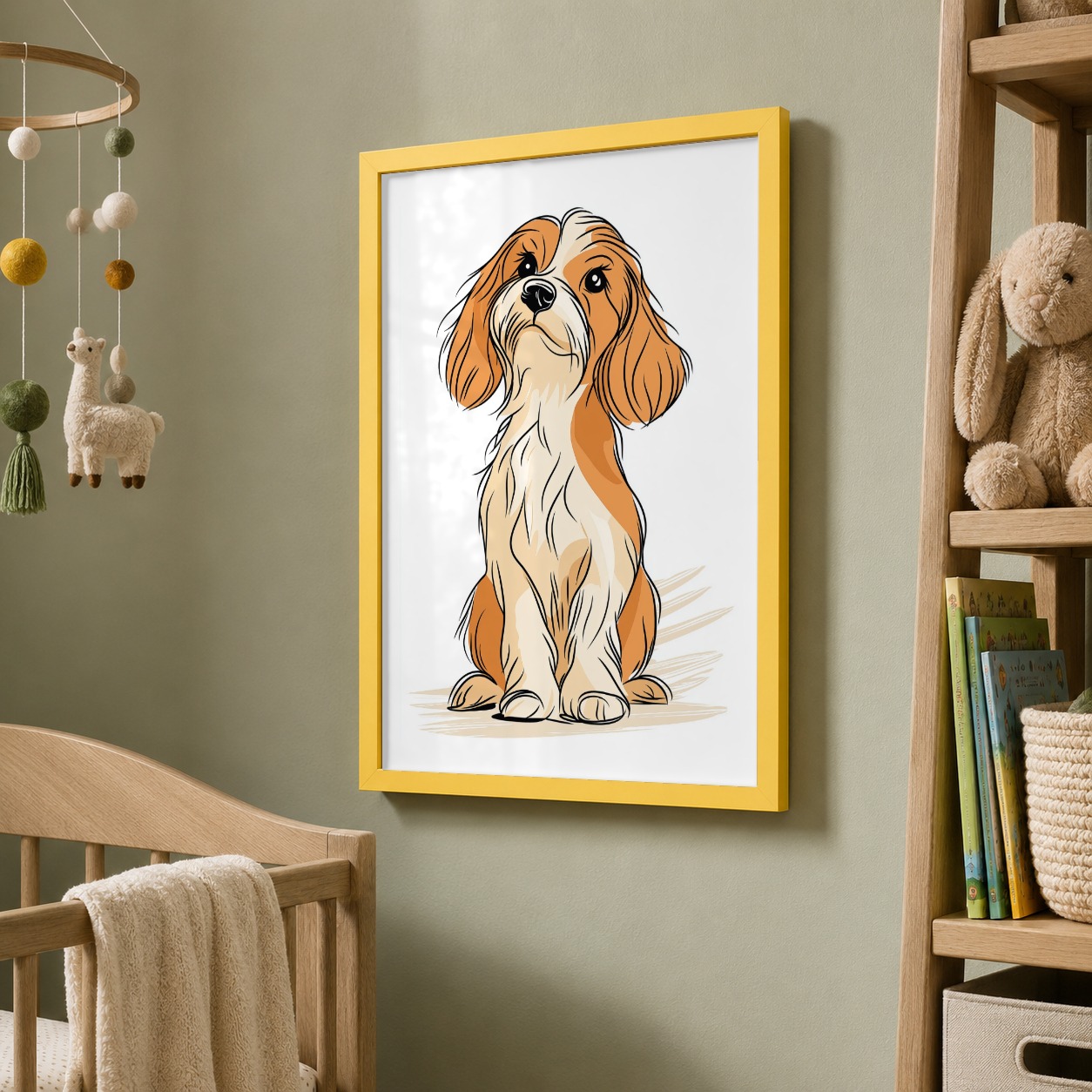 The same Cavapoo artwork shown in an oak frame in a sage-coloured nursery